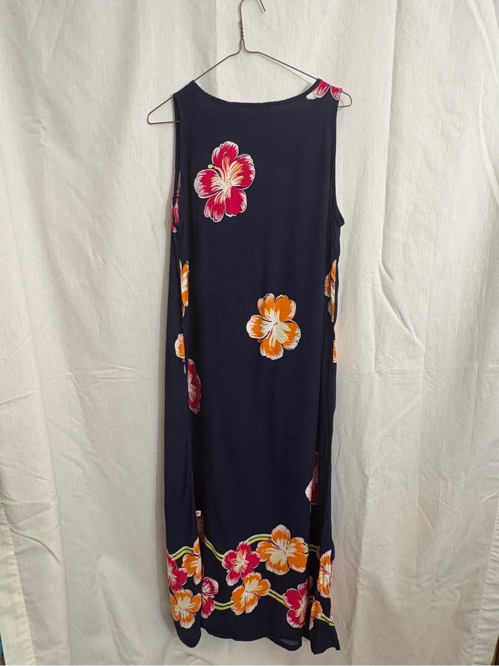 Down Under Womens L Navy Hibiscus Floral Sleeveless Rayon Maxi Dress - Picture 3 of 5